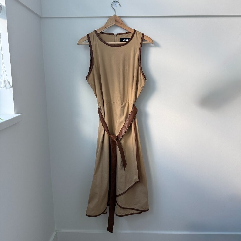 DKNY Tan Midi Dress w/ Brown Faux Leather Trim & Belt | Sleeveless | US 10